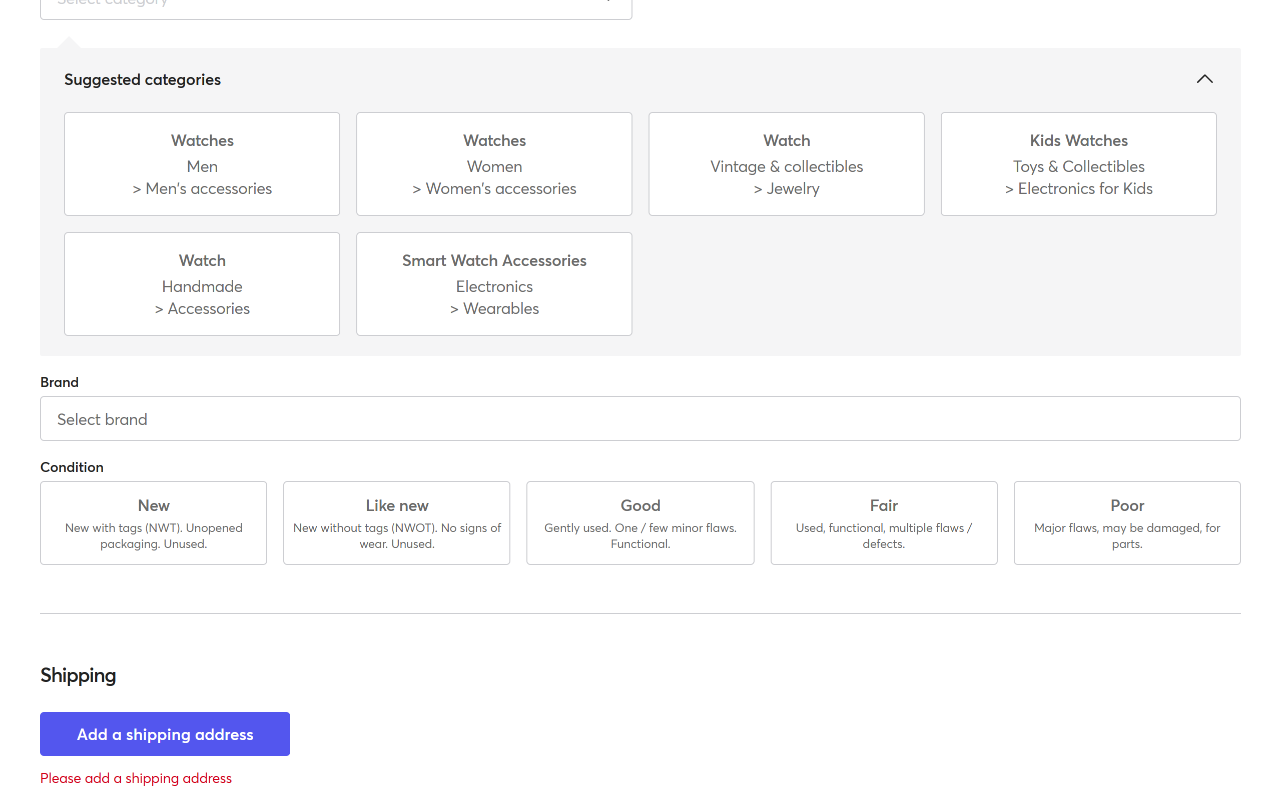 Mercari review fields for category, brand, condition, and shipping
