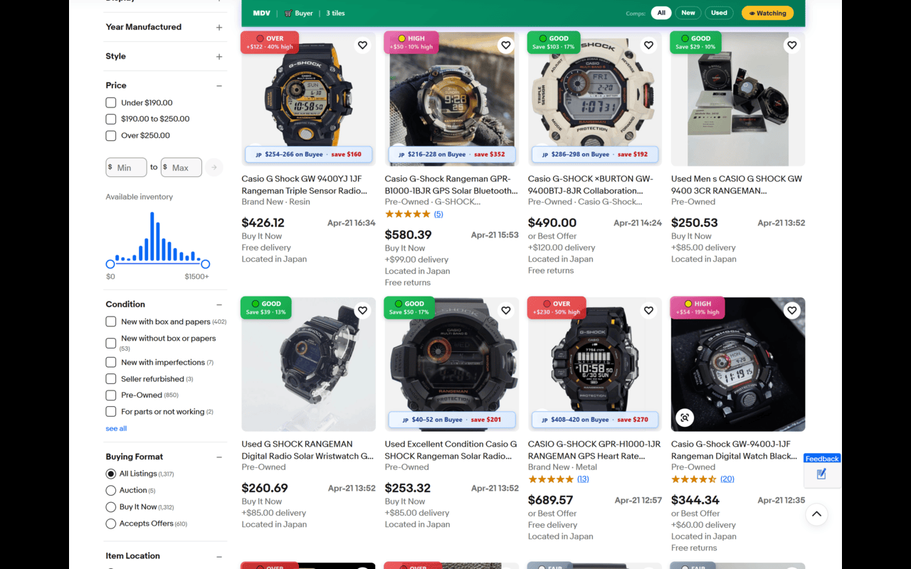 eBay search results with deal verdicts and Buyee price ribbons