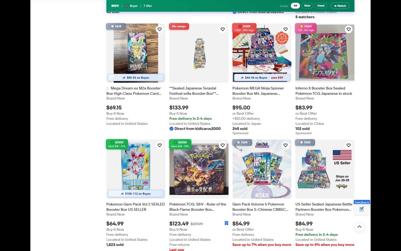 Pokemon booster box search with verdict badges at scale