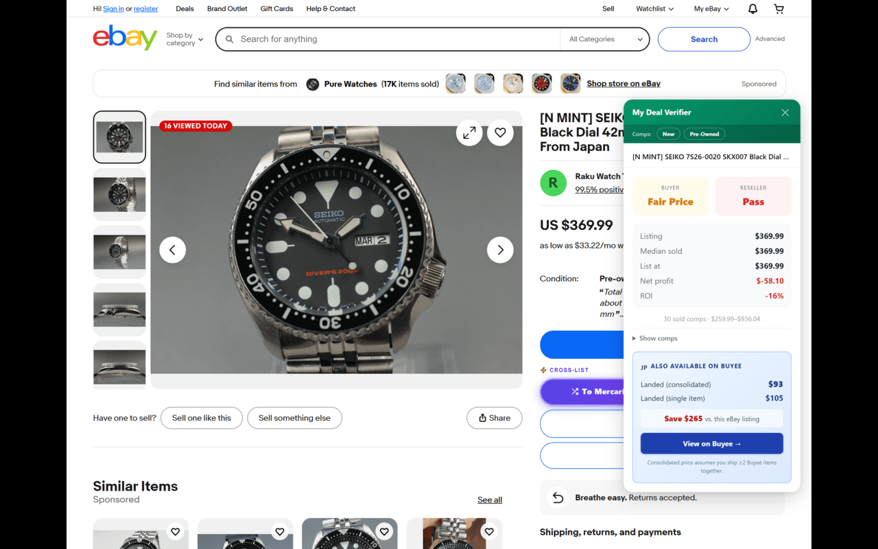 eBay item page side panel with buyer, reseller, and Buyee savings