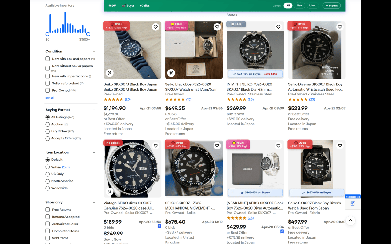 Seiko SKX007 search with sold-comp verdict badges